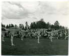 Olympiasoihtu Jämsässä 1952. 12 naisvoimistelijan voimisteluesitys juhlakentällä. Kuvaaja tuntematon, Anna Salosen kuvakokoelma