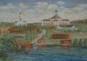 Jämsä church hill at the end of the 19th century. A painting in the church museum of Jämsä.