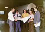   In May 1975 Kaipola was the first mill in the world to make 45 gsm lightweight printing paper totally without cellulose. From the left: Per-Erik Ohls, Ahti Syrjänen, Pertti Ruusu, Reima Kortelainen and Niilo Hakkarainen.